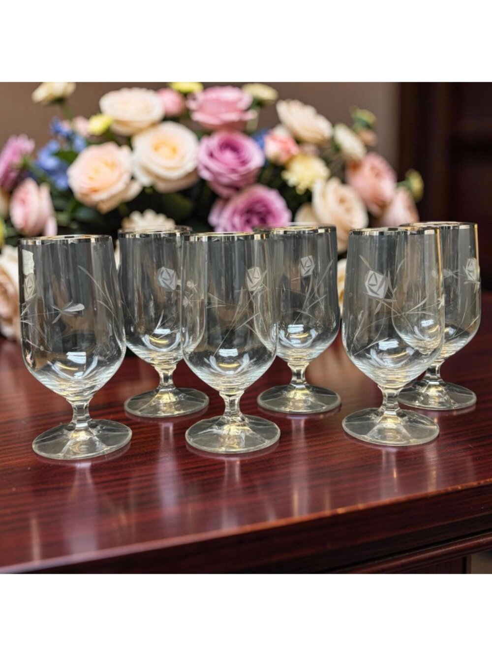 Set of 6 Vintage Crystal Goblets with Platinum Rim and Wheel-Cut Rose Etching, L - Picture 5 of 5